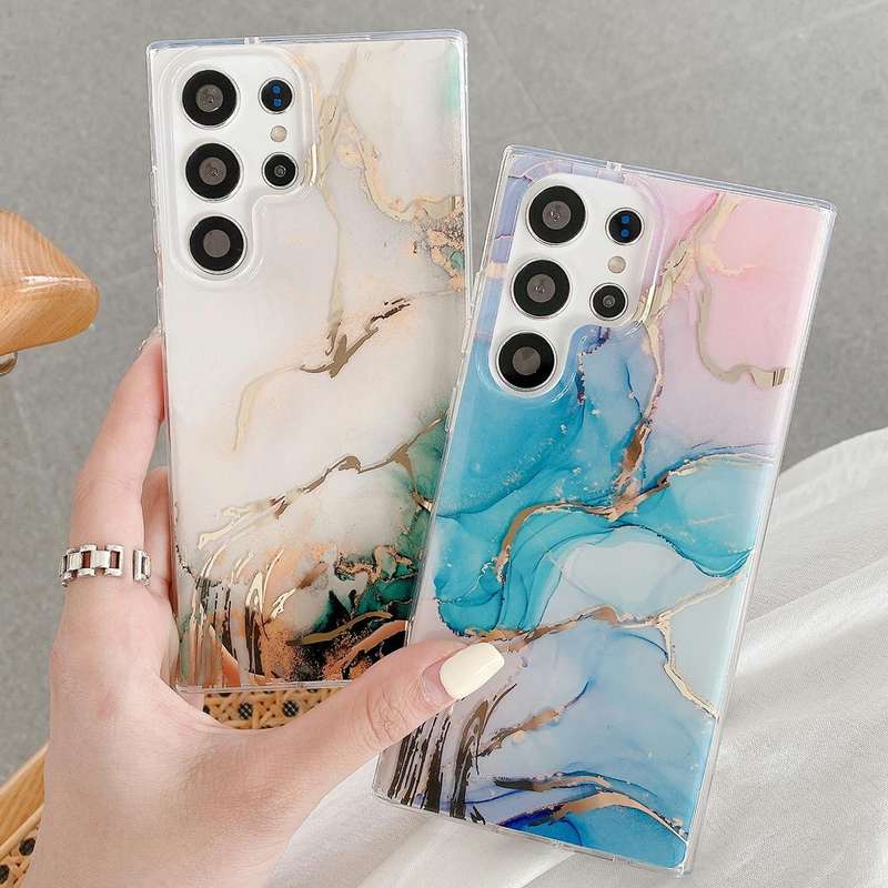 For Samsung Galaxy S22 Ultra 5G Coloured Glaze Marble Phone Case(Pink Grey)