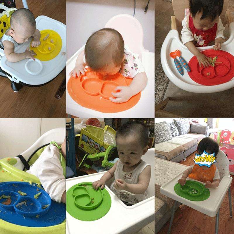 Smile Style One-piece Round Silicone Suction Placemat for Children, Built-in Plate and Bowl (Blue)