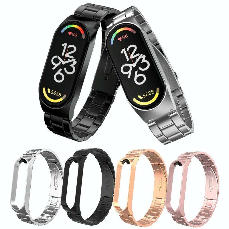 For Xiaomi Mi Band 7 Three-bead Stainless Steel Watch Band(Black)