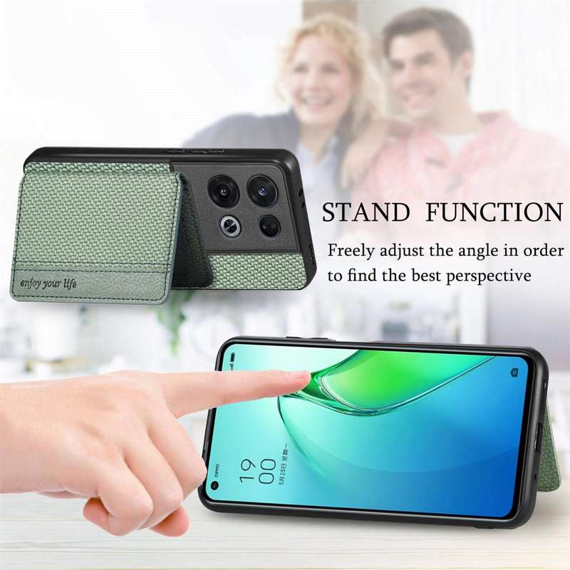 For OPPO Reno 8 Pro Carbon Fiber Magnetic Card Bag Phone Case(Khaki)
