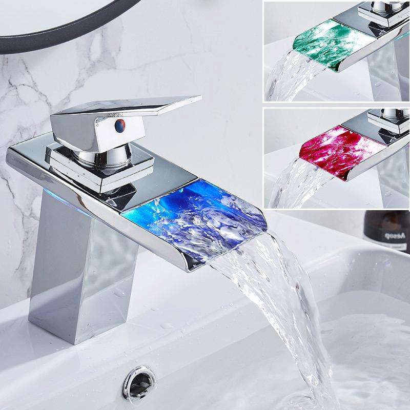 LED Three Lights Hot Cold Water Faucet Bathroom Waterfall Faucet CN Plug(Electroplating Silver)