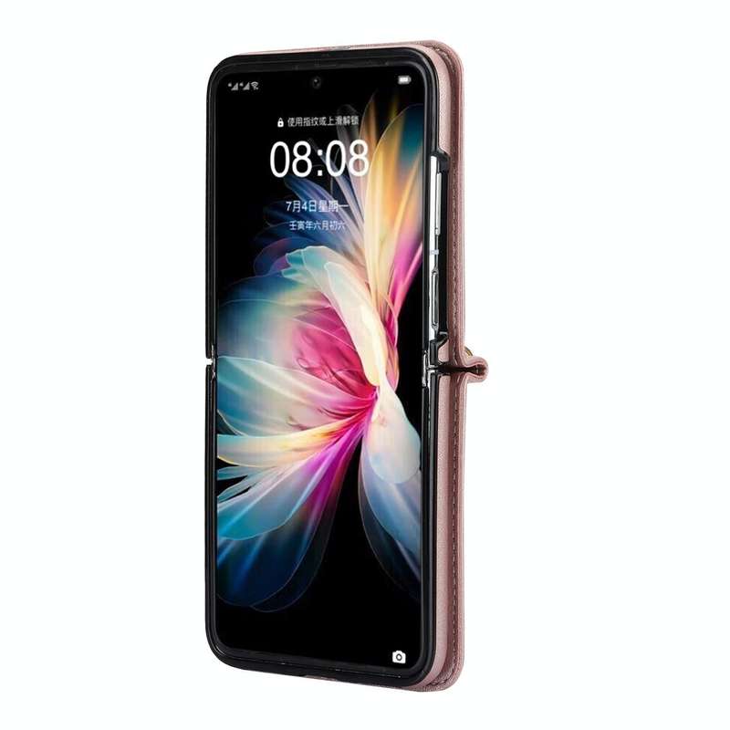 For Huawei P50 Pocket Rhombic Texture Card Bag Phone Case with Dual Lanyard(Rose Gold)