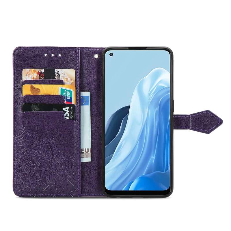 For OPPO Reno7 5G Mandala Flower Embossed Flip Leather Phone Case(Purple)