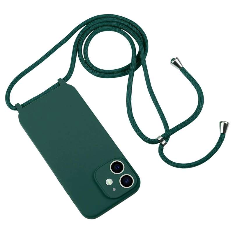 For iPhone 12 Crossbody Lanyard Liquid Silicone Case(Pine Needle Green)