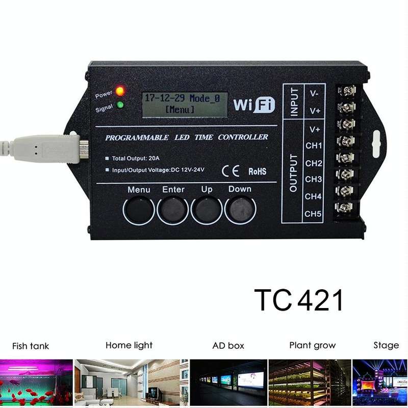 TC421 20A WiFi Programmable 5CH RGB LED Time Controller for Aquarium, Fish Tank, Plant Growth, DC...