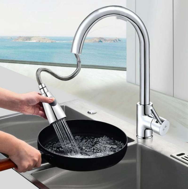 Kitchen Pull-out Faucet Hot And Cold Home 304 Stainless Steel Retractable Rotating Faucet, Style:...