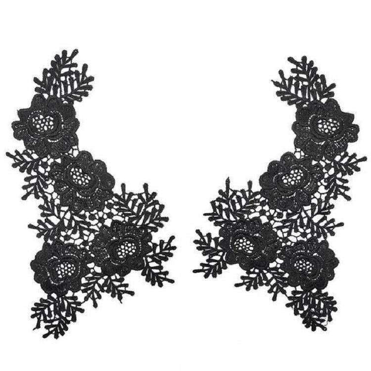 Black 1 Pair Three-dimensional Hollow Flower Embroidery Collar Flower DIY Clothing Accessories, U...