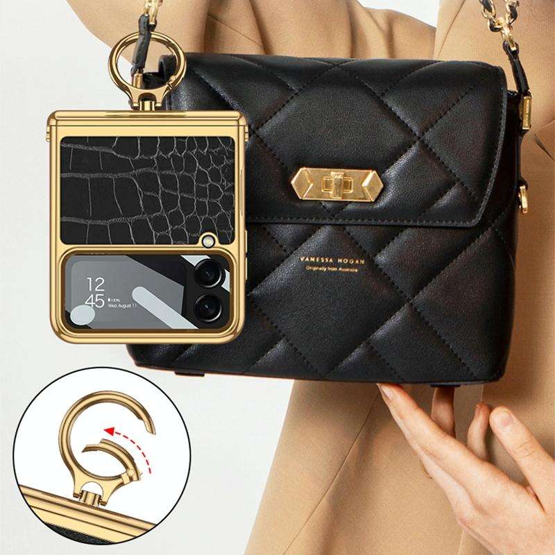 For Samsung Galaxy Z Flip4 GKK Integrated Plating + Leather Flip Phone Case(Crocodile Black)
