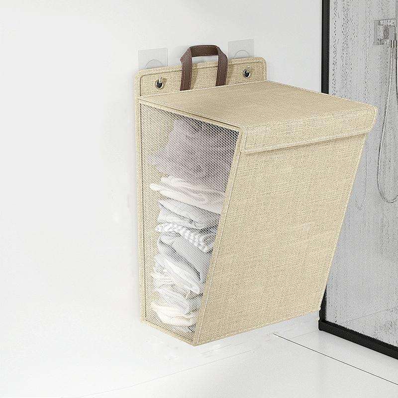 Foldable Hanging Laundry Basket Dirty Clothes Organiser with Lid, Color: Beige 45 x 35 x 10cm
