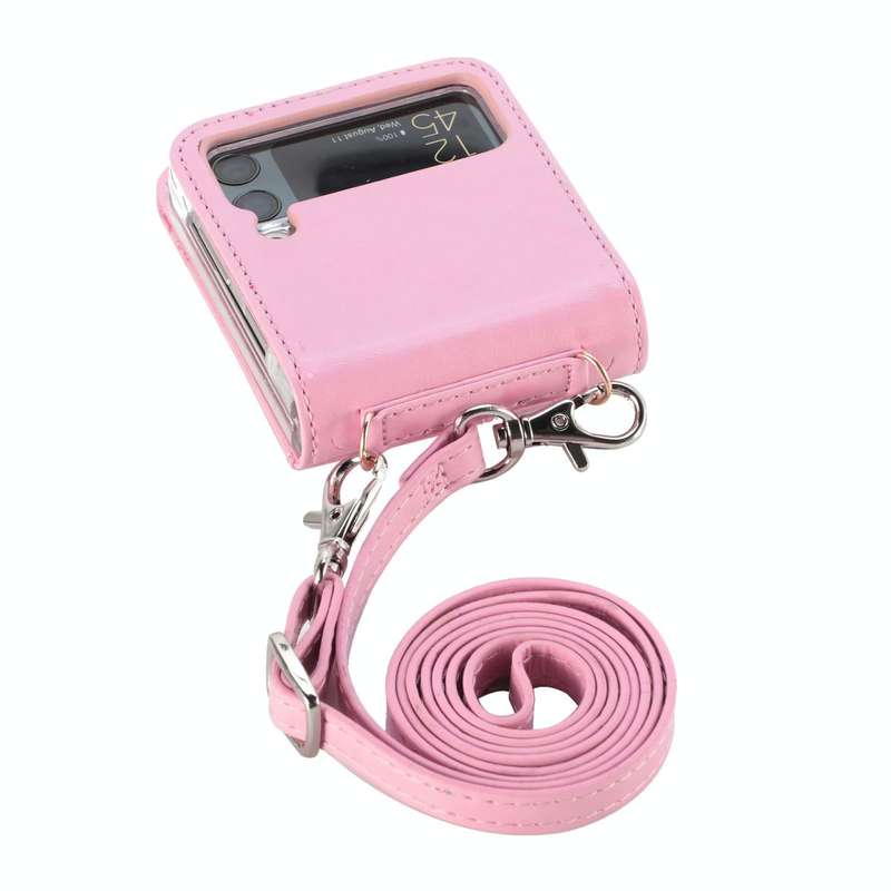 For Samsung Galaxy Z Flip4 5G Diagonal Lanyard Embossed Card Phone Case(Pink)