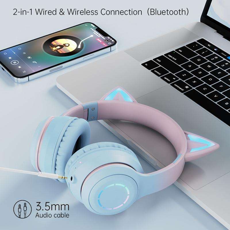 BT029C RGB Dual Modes Cat Ear Wireless Bluetooth Headphone(Purple)