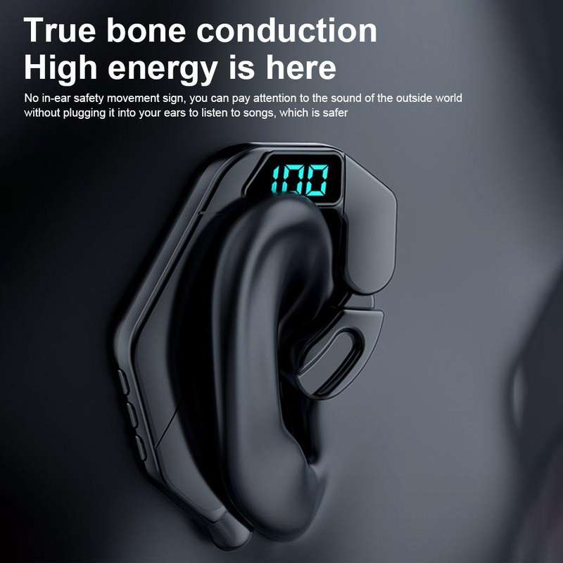 V19 Bone Conduction Digital Display Stereo Hanging Ear Sports Bluetooth Headset(Black)