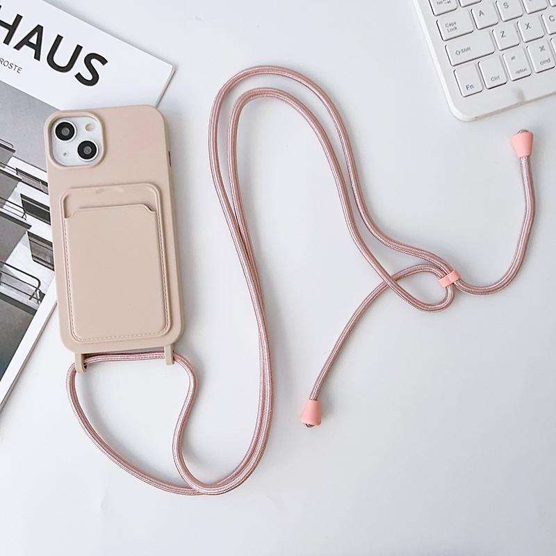 For iPhone 14 Plus Crossbody Lanyard Elastic Silicone Card Holder Phone Case(Pink)