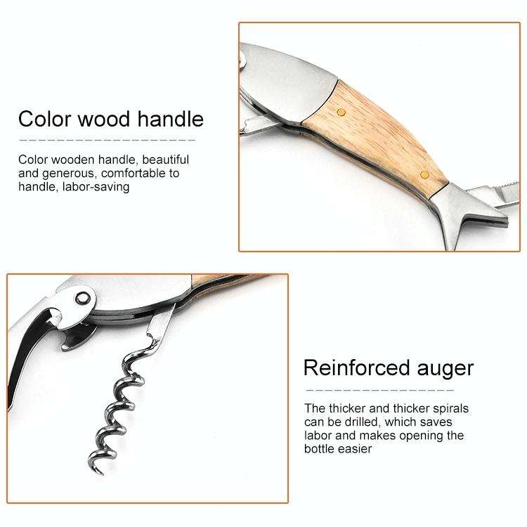 Fish Shape Wine Opener Wine Multifunctional Corkscrew with Wooden Handle