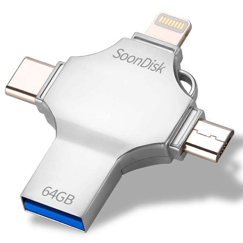4 in 1 64GB USB 3.0 + 8 Pin + Mirco USB + USB-C / Type-C Dual-use Flash Drive with OTG Function
