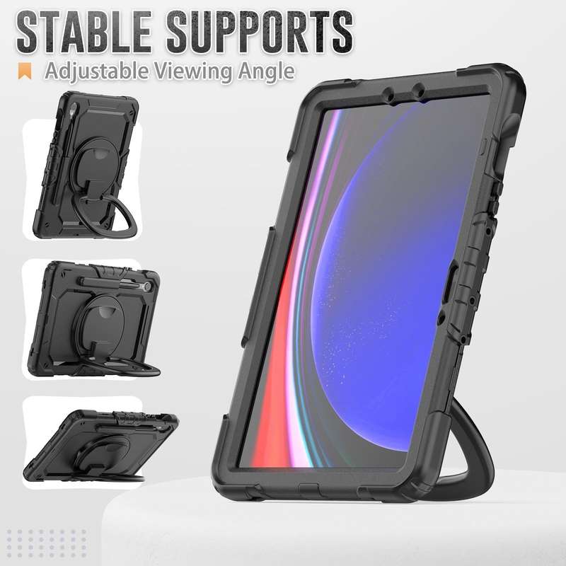 For Samsung Galaxy Tab S9 D Type Silicone Hybrid PC Tablet Case with Handle Holder(Black)