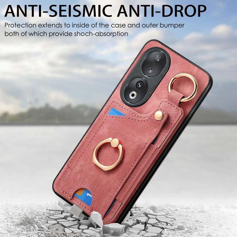 For Honor 90 Retro Skin-feel Ring Card Bag Phone Case with Hang Loop(Pink)