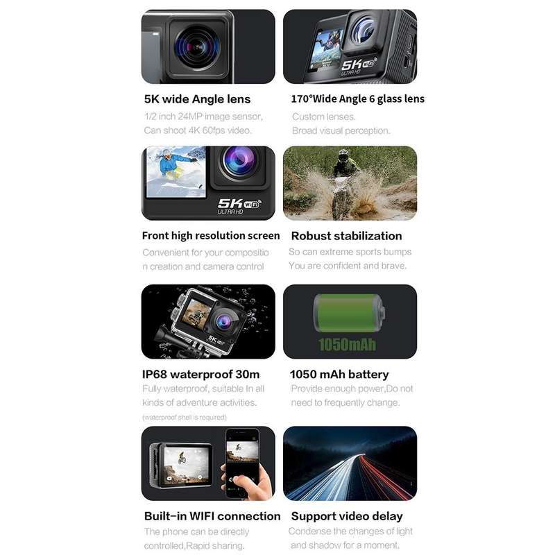 5K/30FPS WIFI HD Anti-Shake Remote Touch Dual-Screen IP68 Waterproof Sports Camera, Style: Camera...