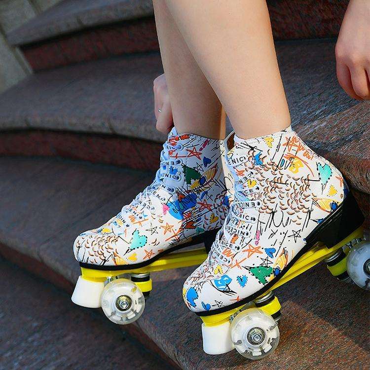 Adult Children Graffiti Roller Skates Shoes Double Row Four-Wheel Roller Skates Shoes, Size: 36(F...