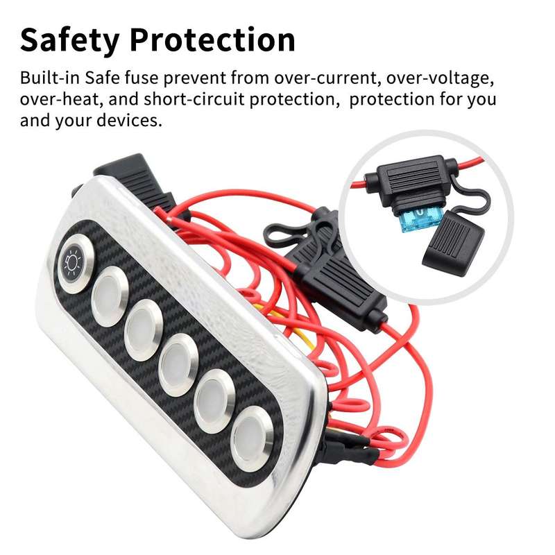 Yacht / RV Modified 6-position Button 12V 20A IP66 Carbon Fiber Panel Switch (Blue Light)