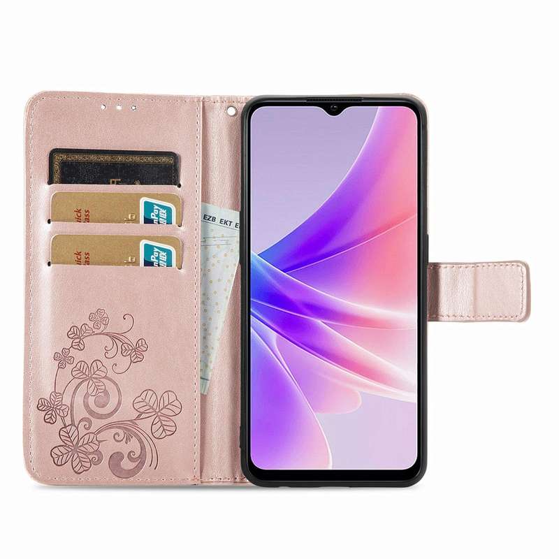 For OPPO A77 Four-leaf Clasp Embossed Buckle Leather Phone Case(Rose Gold)