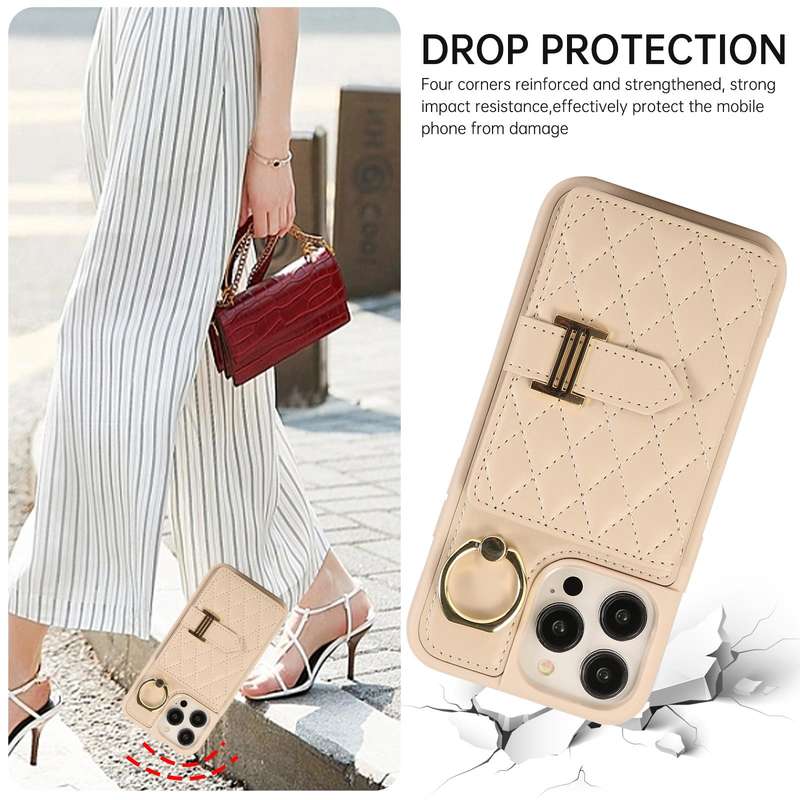 For iPhone 14 Pro Max Horizontal Card Bag Ring Holder Phone Case with Dual Lanyard(Beige)
