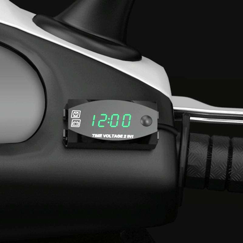 Motorcycle Multi-functional 2 in 1 Digital Display Voltmeter + Electronic Clock, 6-30V IP67 (Gree...