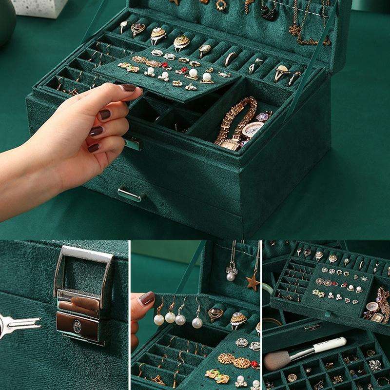 Three Layers Retro Flannel Earrings Ring Necklace Jewelry Storage Box, Specification: 24 x17 x 11...