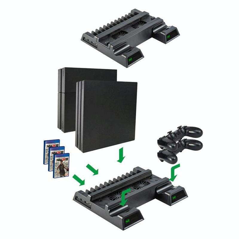 For PS4 / PS4 Slim / PS4 Pro Cooling Fan Stand Console Vertical Stand Cooler with Dual Controller...