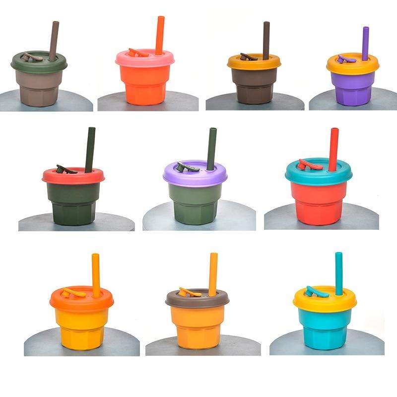 Children Silicone Straw Cups Drop And High Temperature Resistant Water Cups Brown Cup+Ink Green C...