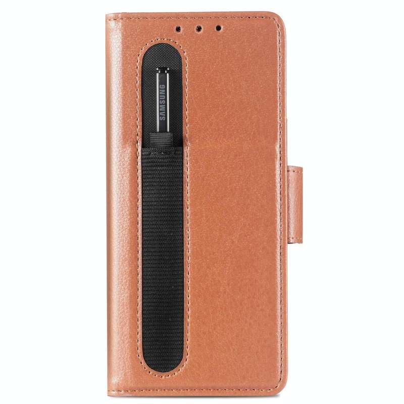 For Samsung Galaxy Z Fold4 5G Litchi Pattern Folding Phone Case with Pen & Card Slots (Brown)
