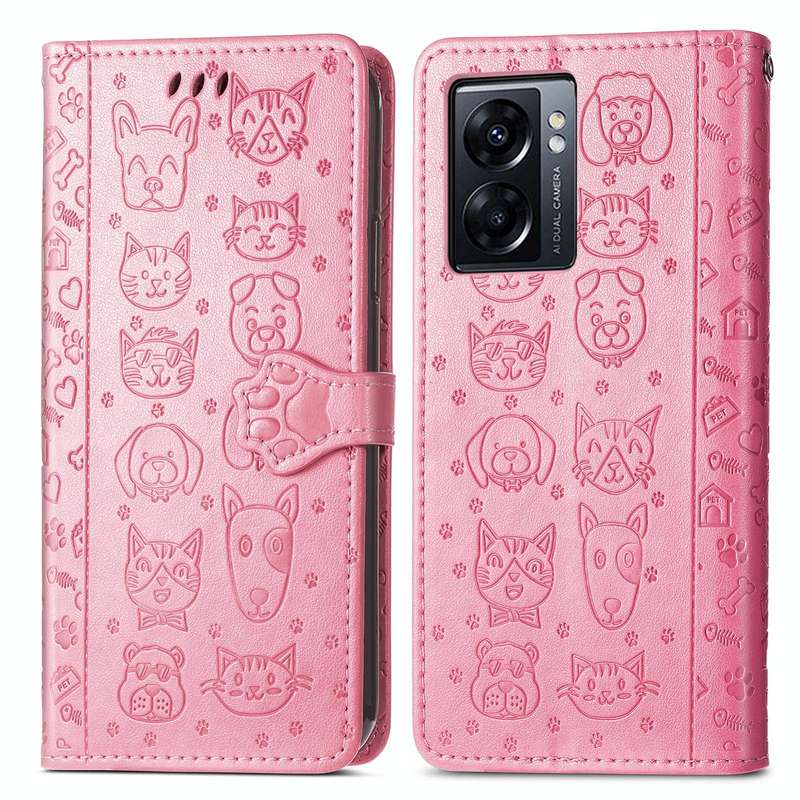 For OPPO A77 Cute Cat and Dog Embossed Horizontal Flip Leather Case(Pink)