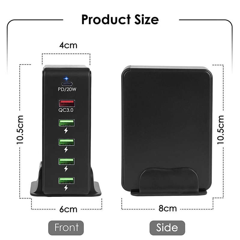 6 in 1 65W PD USB-C / Type-C + QC 3.0 USB + 4 USB Multi-port Travel Charger, US Plug(Black)