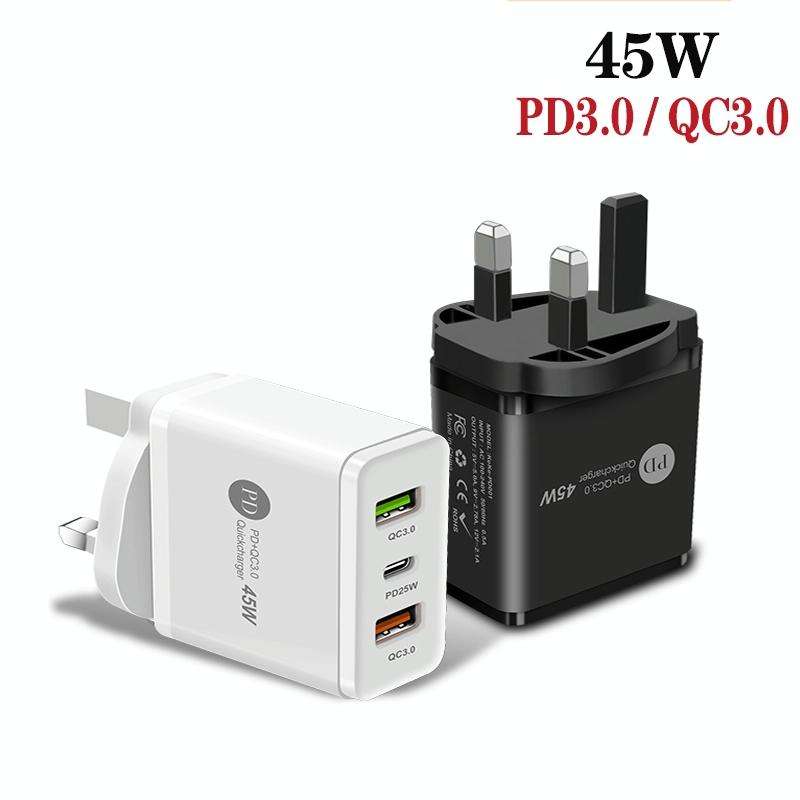45W PD3.0 + 2 x QC3.0 USB Multi Port Quick Charger, UK Plug(White)