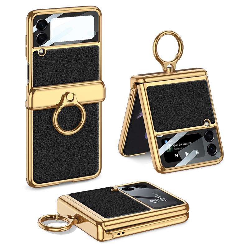 For Samsung Galaxy Z Flip3 5G GKK Integrated Plating + Leather Flip Phone Case(Black)