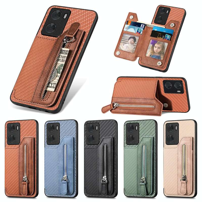 For OPPO A57 4G Carbon Fiber Flip Zipper Wallet Phone Case(Black)