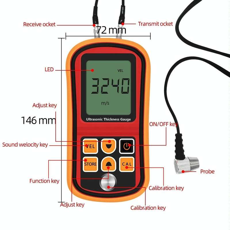 GM-100 Ultrasonic Thickness Meter Tester Gauge Velocity 1.2~225mm(Red)