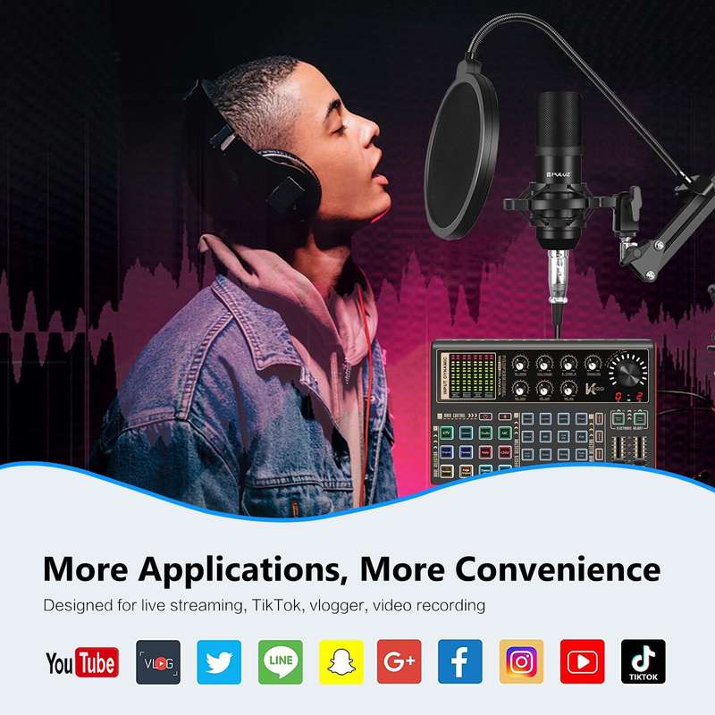 PULUZ Phantom Power OTG Lossless Live Sound Card Recording Sound Mixer, English Version(Black)
