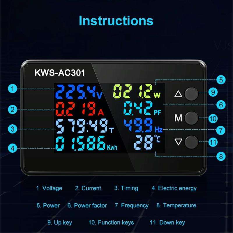 KWS-AC301-100A 50-300V AC Digital Current Voltmeter with Opening Transformer(Black)