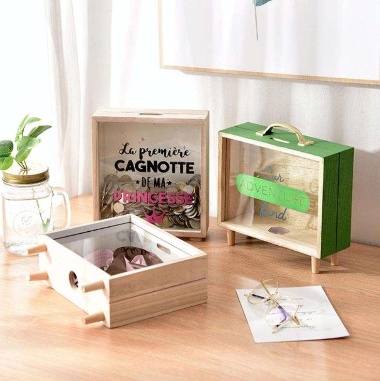 Wooden Piggy Bank Large Capacity Children Savings Box Creative Desktop Accessories(Green)