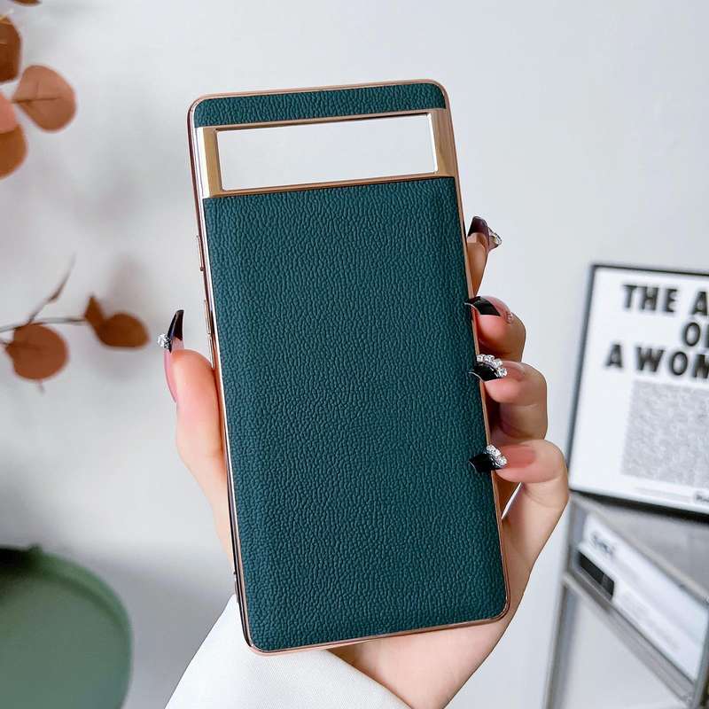 For Google Pixel 6 Pro Genuine Leather Luolai Series Nano Electroplating Phone Case(Dark Green)