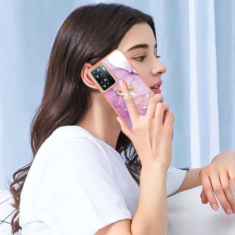 For OPPO A57 4G/A77 5G Taiwan/K10 5G Global Electroplating Marble IMD TPU Phone Case with Ring Ho...
