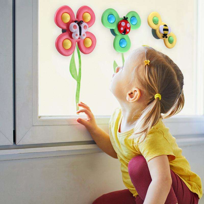 3 In 1 Fingertip Spinner Baby Rattle Three-Color Insect Sucker Turn And Turn Fun Baby Bath Toy
