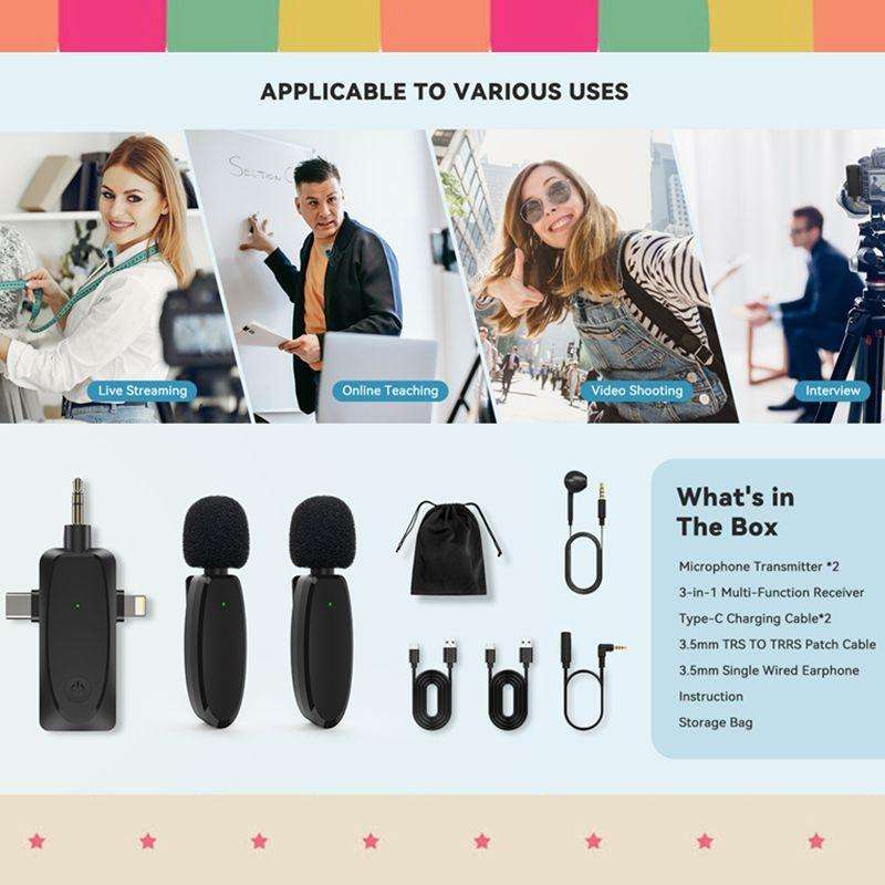 One by Two 3 in 1 Mini Wireless Lavalier Microphones for iPhone / Android / Camera with Noise Red...