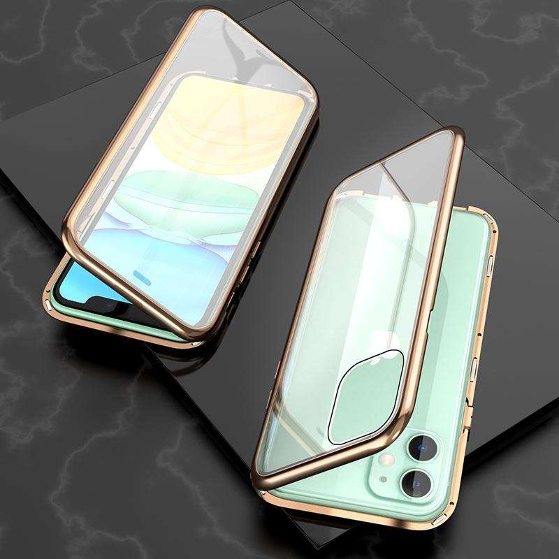 For iPhone 11 Ultra Slim Double Sides Magnetic Adsorption Angular Frame Tempered Glass Magnet Fli...