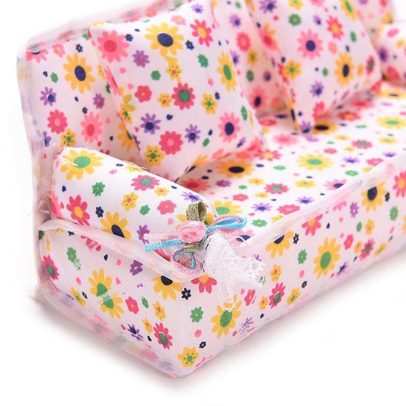 Mini Furniture Flower Sofa 20cm Couch +2 Cushions for Doll House Accessories(Cloth sofa)