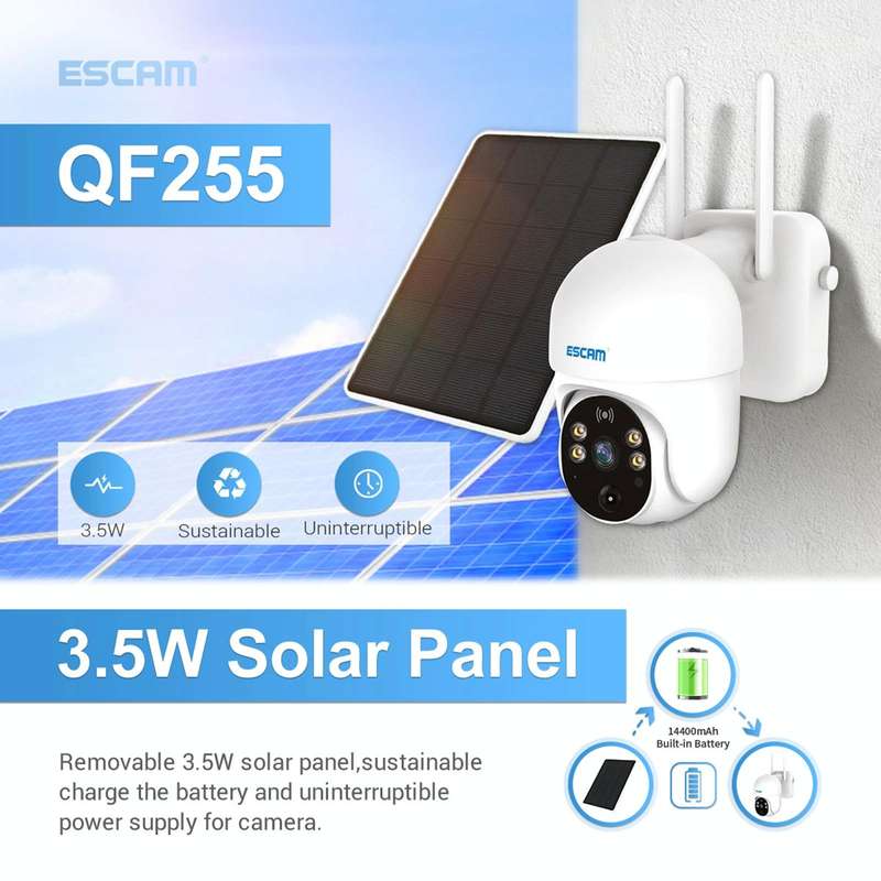 ESCAM QF255 2.0 Million Pixels 1080P HD WiFi Solar Camera, Support Two-way Voice & PIR Motion Det...