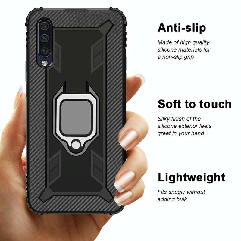 For Galaxy A30s Carbon Fiber Protective Case with 360 Degree Rotating Ring Holder(Red)