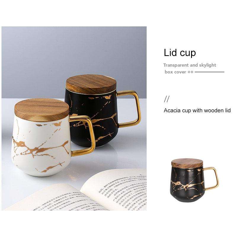 Marble Matte Gold Series Ceramic Tea Cup Coffee Mug With Wooden Lid Or Tray(Black with Lid)