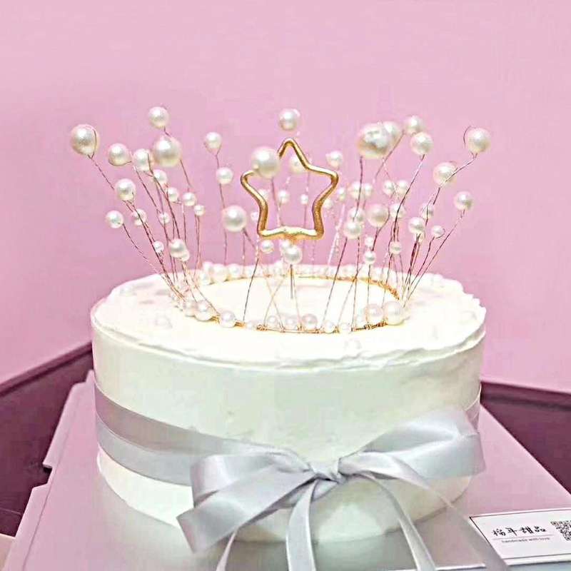 2 PCS Seaweed Tassel Pearl Crown Baking Cake Decoration(White)